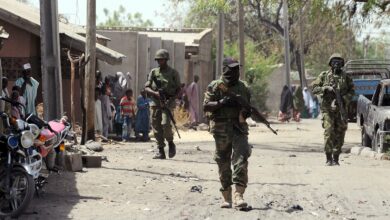 Nigerian troops patrolling the streets in the northeast town of Baga, Borno State, Nigeria
