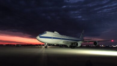 Maintainers from the 595th Aircraft Maintenance Squadron prepare an E-4B Nightwatch at Lincoln Airport, Nebraska before embarking on a global command and control mission July 24, 2022. (U.S. Air Force photo by Col. Brian Golden)