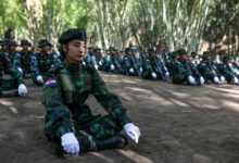 KNDF soldiers in the jungle during the Graduation Ceremony of Karenni Nationalities Defense Force (KNDF) battalions, Karenni (Kayah) State, Burma, 7th February 2024. Soldats des KNDF dans la jungle, durant une ceremonie de remise de diplomes de bataillons des Forces de Defense des Nationalites Karenni, Etat de Karenni (Kayah), Birmanie, le 7 fevrier 2024. (Photo by Oliver Petrie / Hans Lucas / Hans Lucas via AFP)