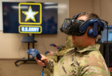 Soldiers from the 204th Military Intelligence Battalion in Fort Bliss, Texas, get hands on with new Virtual Aerial Systems Trainer (VAST) classroom virtual reality headsets. The VAST classroom represents a transformational shift in how the Army can approach mission equipment training. (U.S. Army Photo)